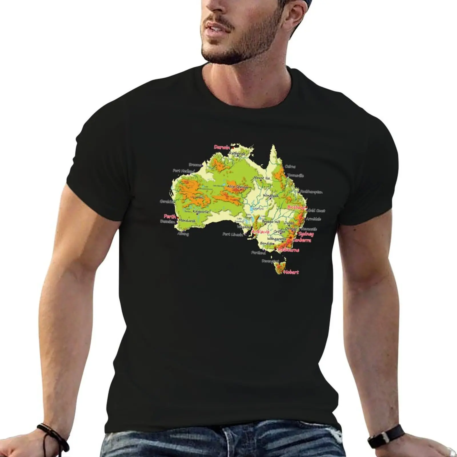 Australia physical map topographic map of Australia coast, Capitals and Major cities T-Shirt Abstract Pattern Print Top