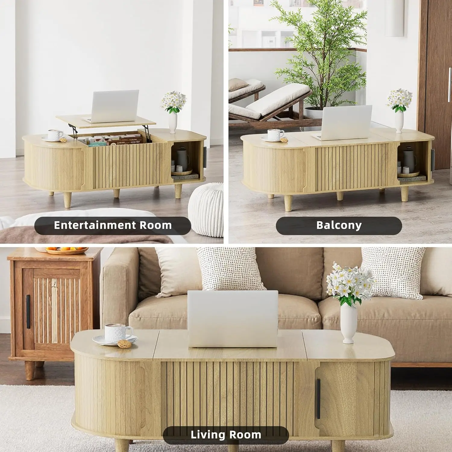 طاولة قهوة بيضاوية قابلة للرفع، طاولة مركزية حديثة لمنتصف القرن مع 3 حجرات مخفية، طاولات قهوة مع رف تخزين مفتوح و