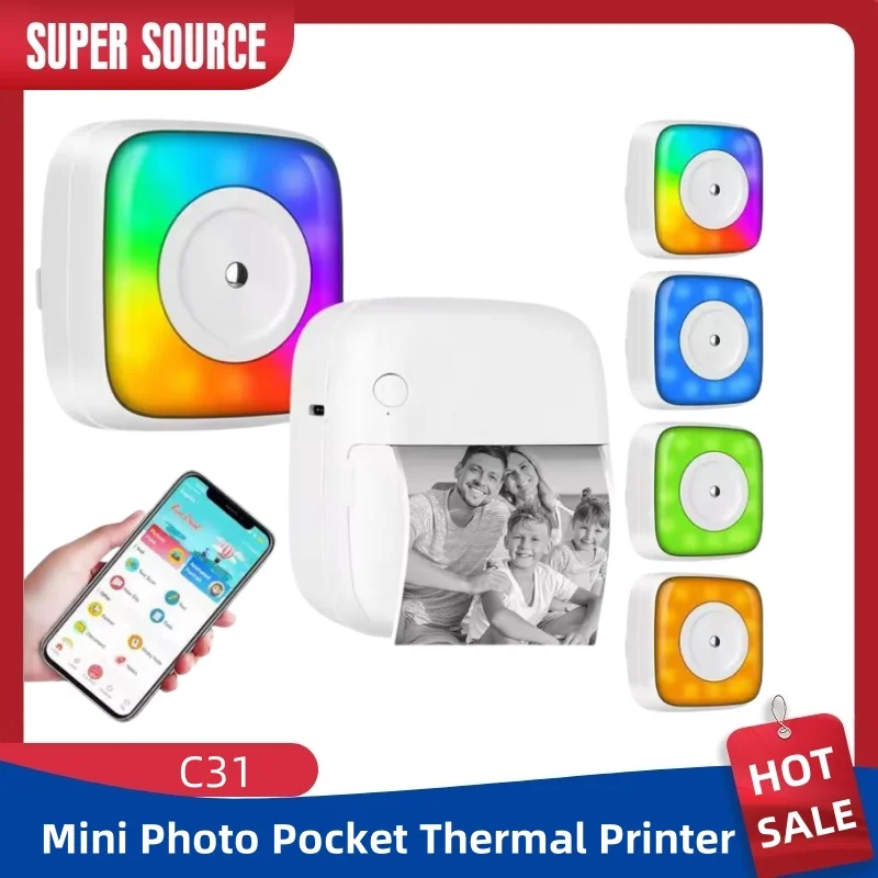 Hot Sale C31 Mini Pocket Printer Portable Thermal Printer 200DPI with 1 Roll Label Paper Rechargeable With Running Light