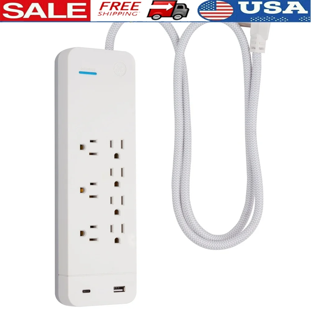 

7 Outlet Surge Protector with 1 USB 1 USB-C Ports 4ft Cord Flat Plug Automatic Shutdown Circuit Breaker Home Office Use