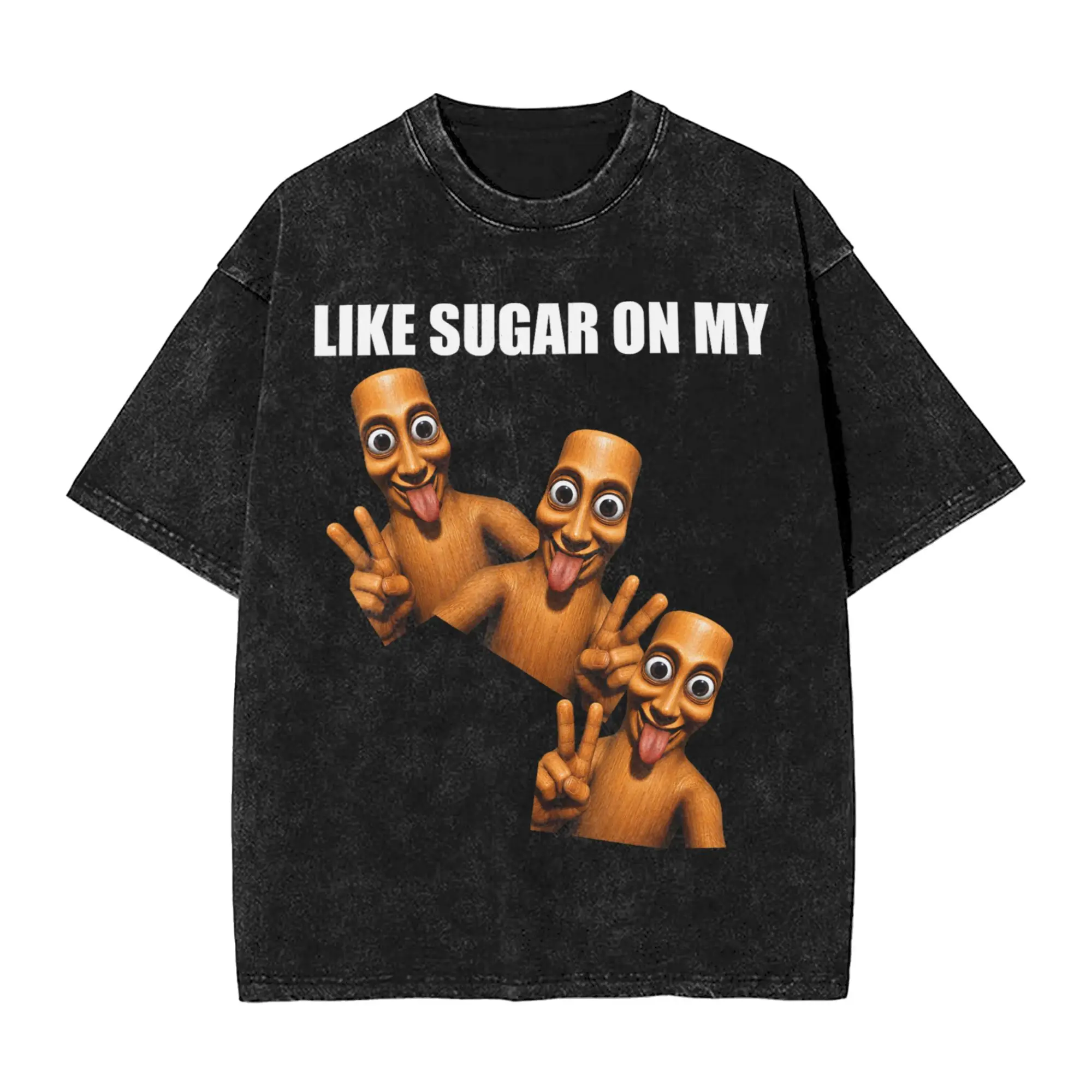 Man T Shirt Sugar On My Tung Tung Sahur Funny Brainrot Meme Washed T Shirts Harajuku Summer Tees Vintage Simple Cotton Tops Gift