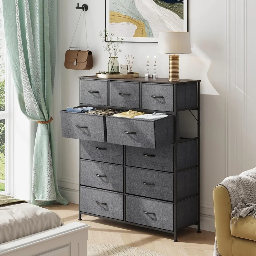 Dresser for Bedroom with 11 Drawers, Tall Fabric Chest of Drawers Storage Organizer with Steel Frame, Wood Top