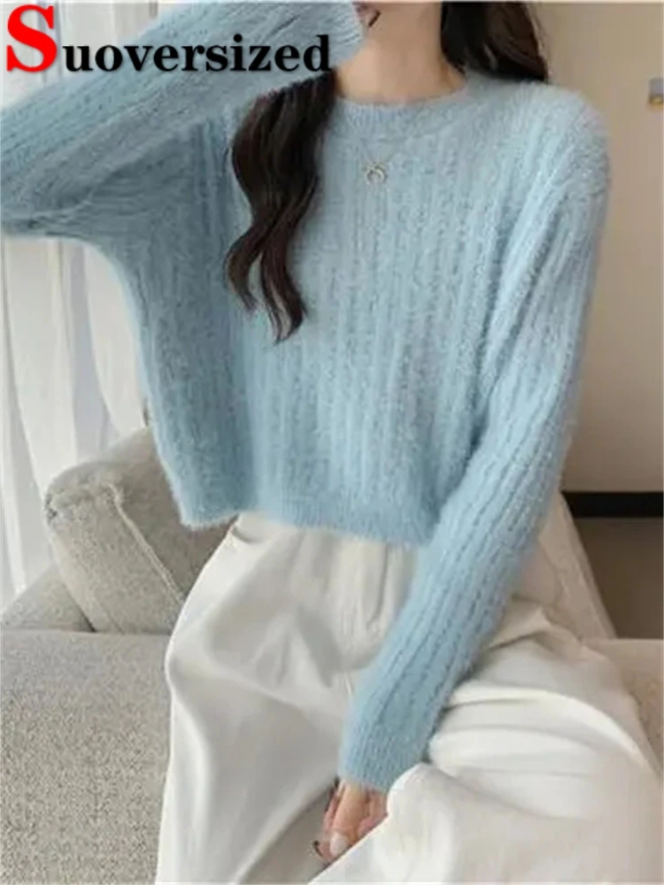 

Imitate Mink Loose Short Knitted Tops Korean Long Sleeve Pullover Soft Women Autumn Winter Sweater Knitwears Cropped Jumper