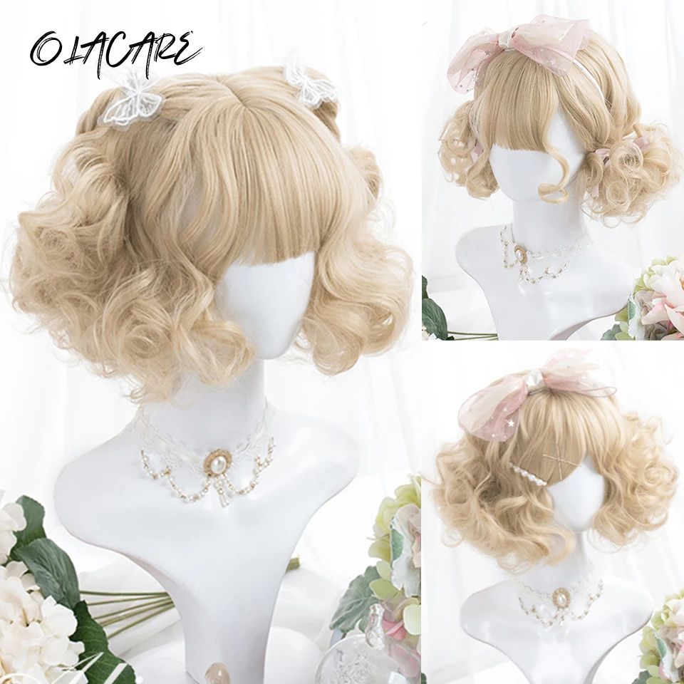 

Short Wavy Curly Blonde Wigs With Bangs Synthetic Lolita Cosplay Natural Women Hair Wig For Daily Party LM