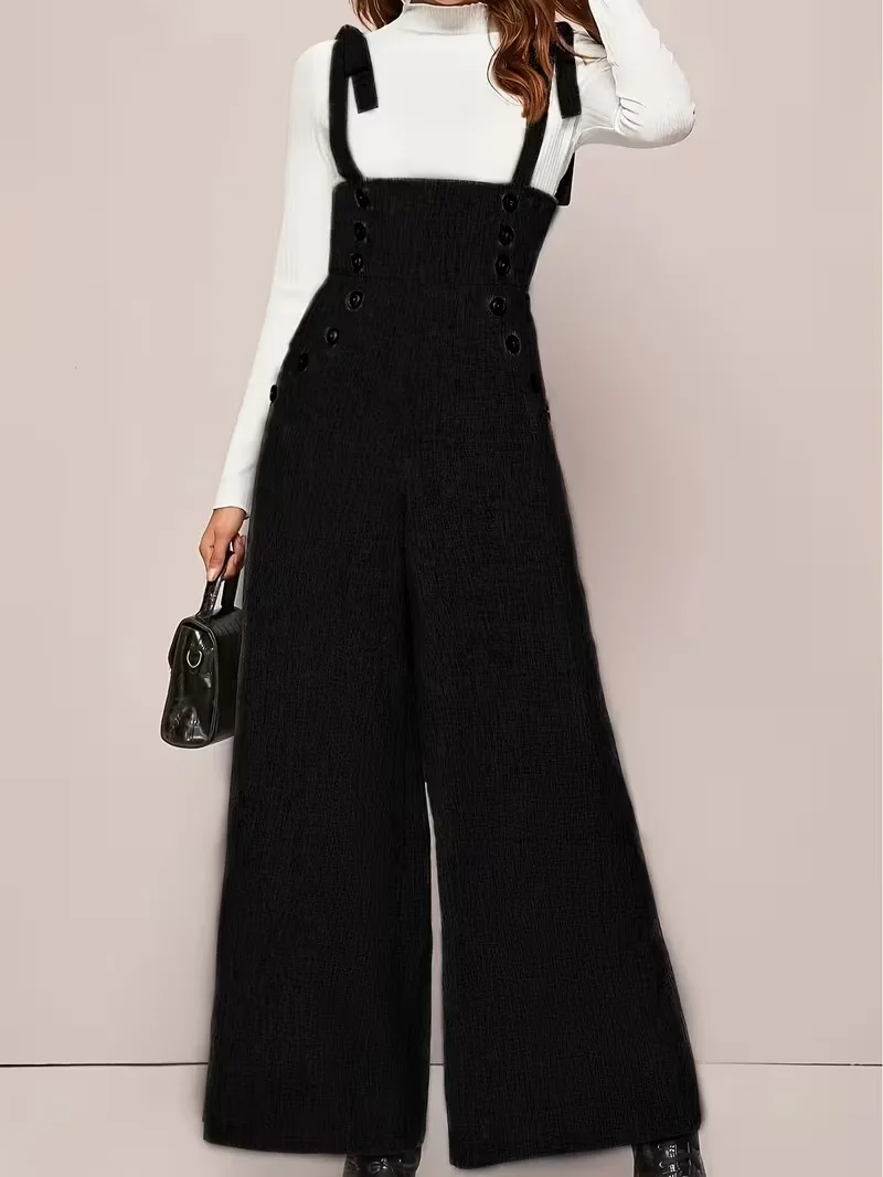 Elegant Jumpsuit Button Adjustable Wide-Leg Overalls Shoulder-Strap Loose Casual Romper High-Waist Flowy Relaxed Dungarees view 5