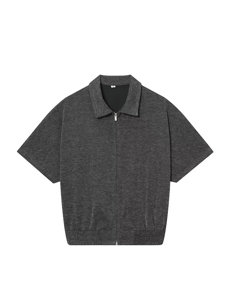 Nlzgmsj-trajes de punto gris para mujer, chaquetas tipo Polo de manga corta con cremallera, pantalones de pierna ancha de cintura alta, conjuntos de moda, otoño