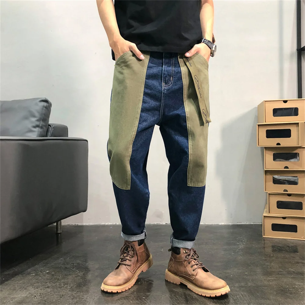 Men Jeans Patchwork Multi-Pocket Couple Denim Pants Beggar Style cargo pants High Street Casual Male Streetwear