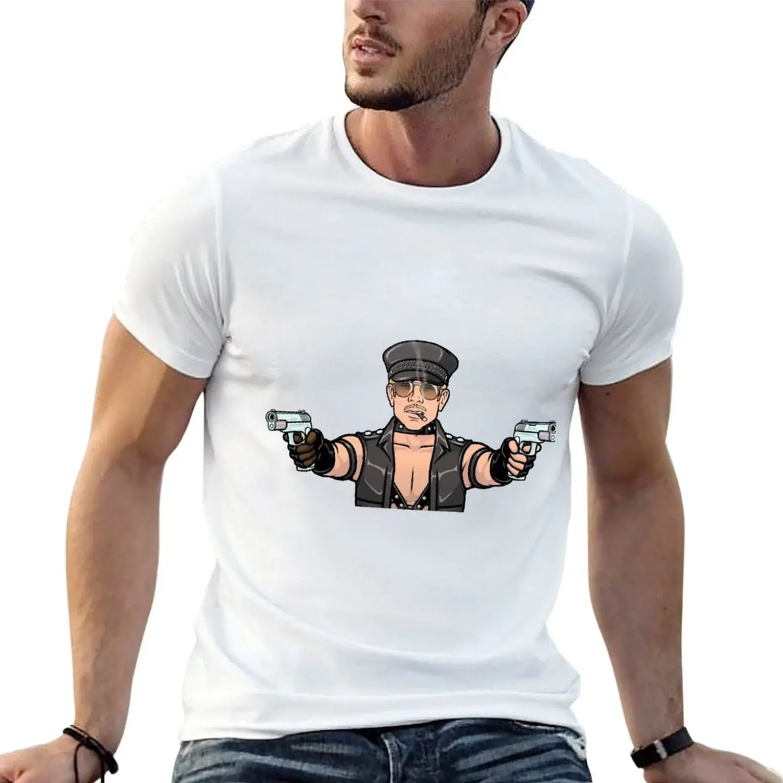 Ray Gillette LGBT Homesexual Biker Pointing 2 Gunz And Smoking A Cigar T-Shirt cotton graphic tees heavyweight t shirts for men