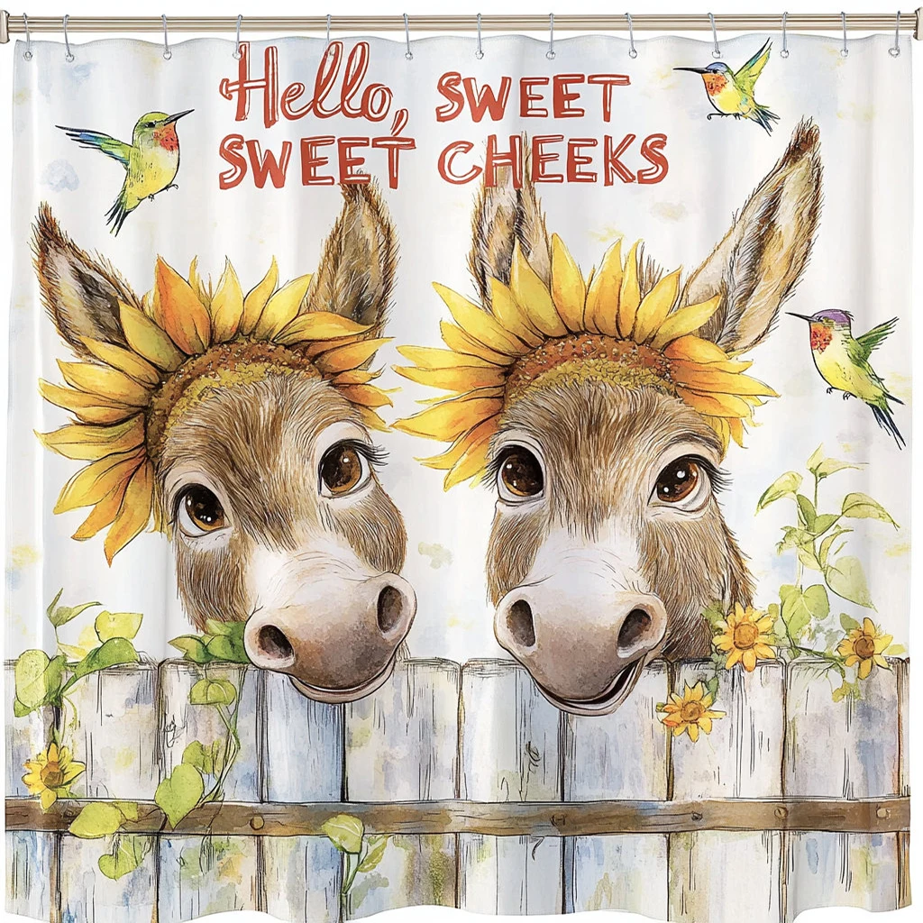 

1pc Yellow Sunflowers Donkey Print Waterproof Shower Partition Privacy Hanging Curtain with Hooks Multiple Size Machine Washable