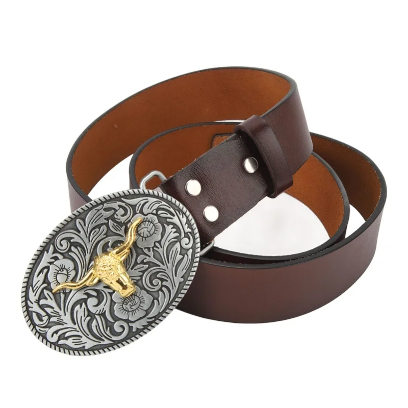 

Western Cowboy Belt For Men Leather Adjustable Retro Vintage Bull Pattern Casual Buckle For Everyday Brown 115cm/45.3in