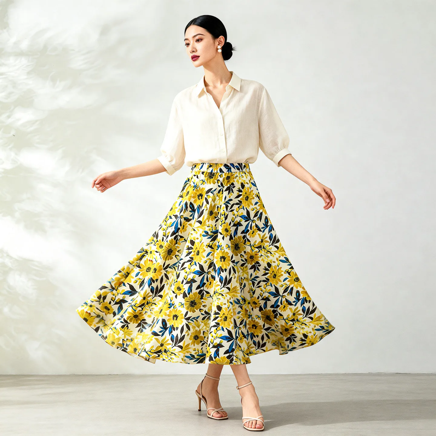 Winsleter-100%Real Silk Double Crepe Elegant Skirts, Elastic Waist Print, Women Prairie Chic Loose Skirt, 2026 Summer B66443CC