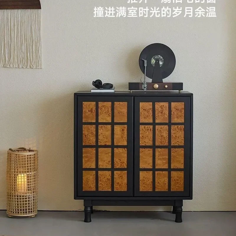 Retro Dining Side Cabinet Solid Wood Chest for Living Room Sofa Side Bedroom Locker Black Entrance Storage Cabinet Against