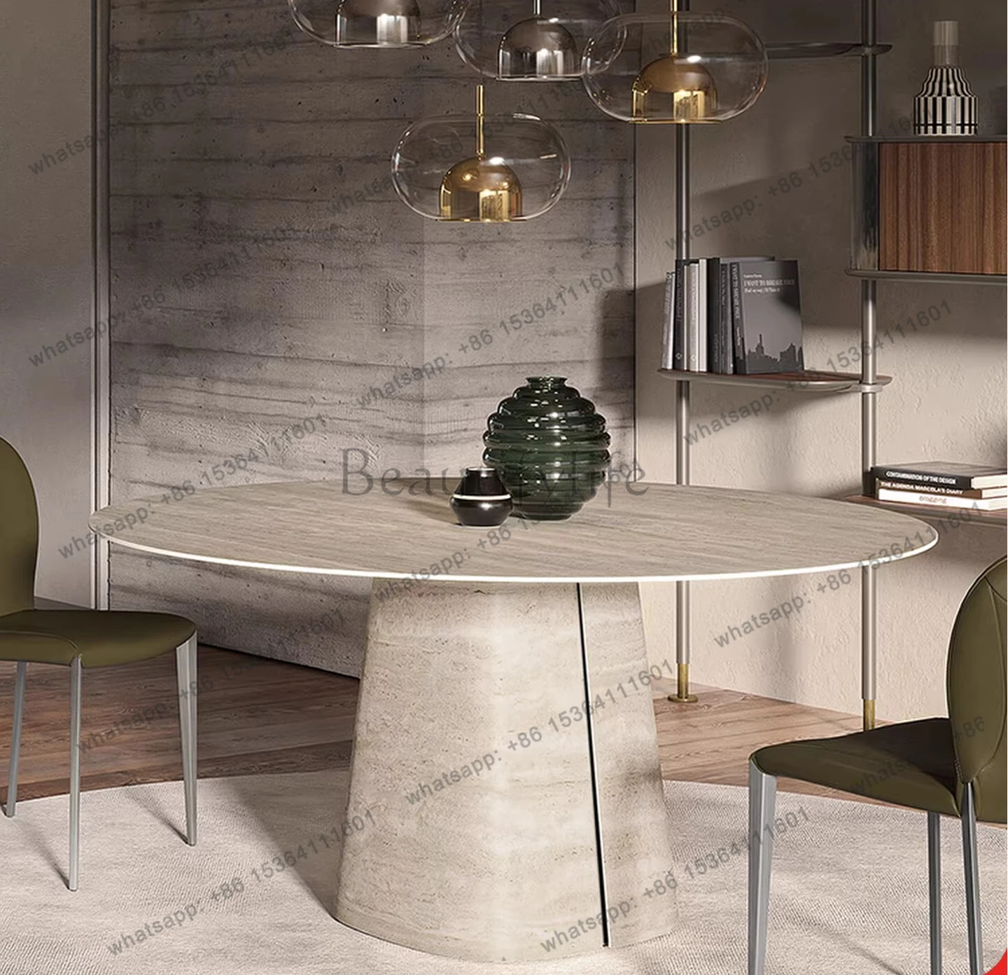 

Обеденный стол и стулья из травертина в стиле лёгкой роскоши, комплект для небольшой квартиры, современный, простой, круглый.