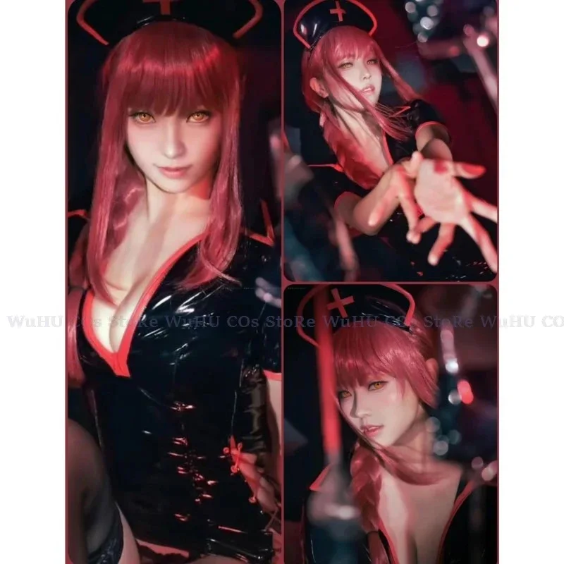 Anime motosserra cosplay homem powerr/Makimaa cosplay uniforme de enfermeira preto branco látex bodycon feminino halloween roleplay macacão