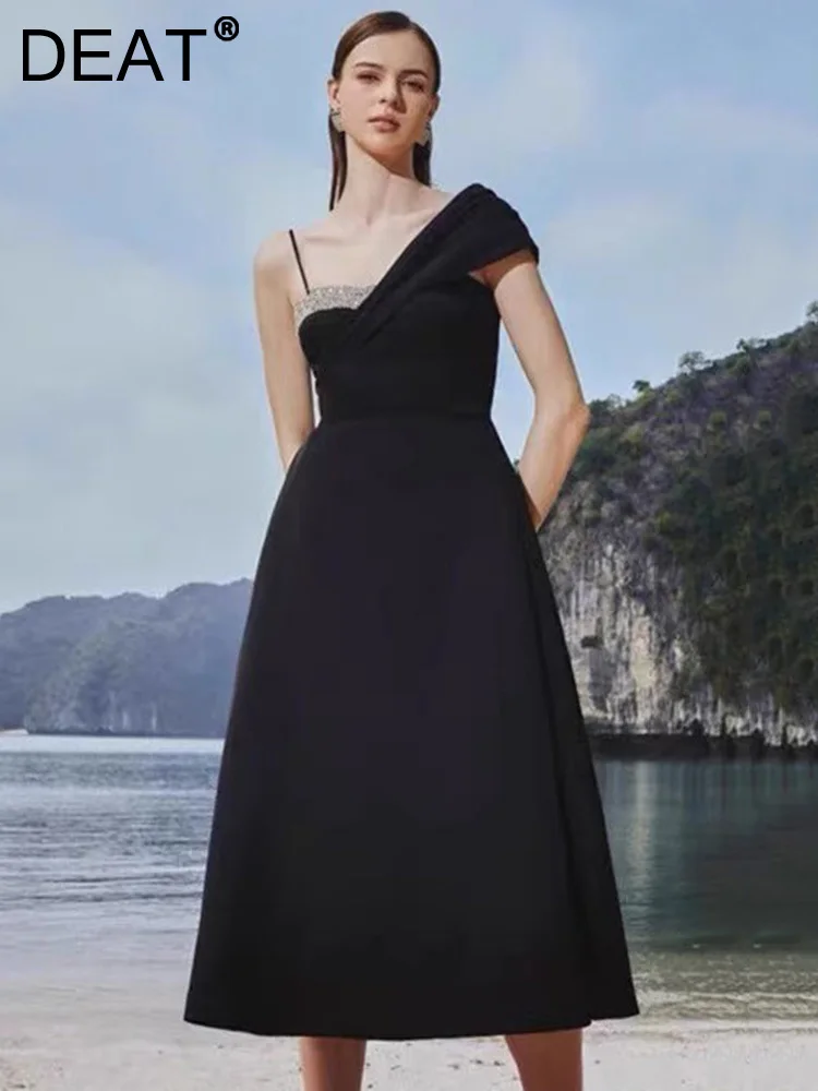 DEAT Women Fashion Evening Dress Skew Collar Asymmetric Rhinestone Decorate Waist Retration Dresses All Season 2024 New 13DL888