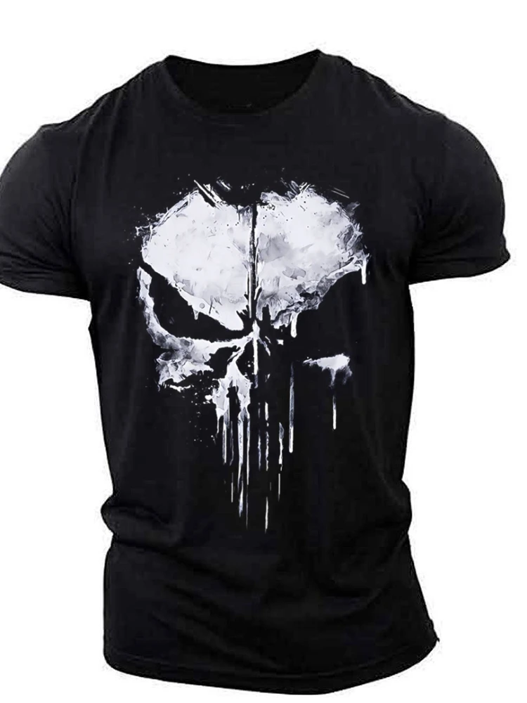 Skull Splash Paint Herren Baumwoll-T-Shirt Grunge Streetwear Athleisure Schwarz Weiß Grafik-T-Shirt Sommer Kurzarm-Oberteil