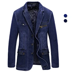 Multi Pocket Denim Jacket Men Spring Blazer Suits Jacket Mens Business Leisure Suits Cowboy Westerner Male Jeans Coat Size L~4XL