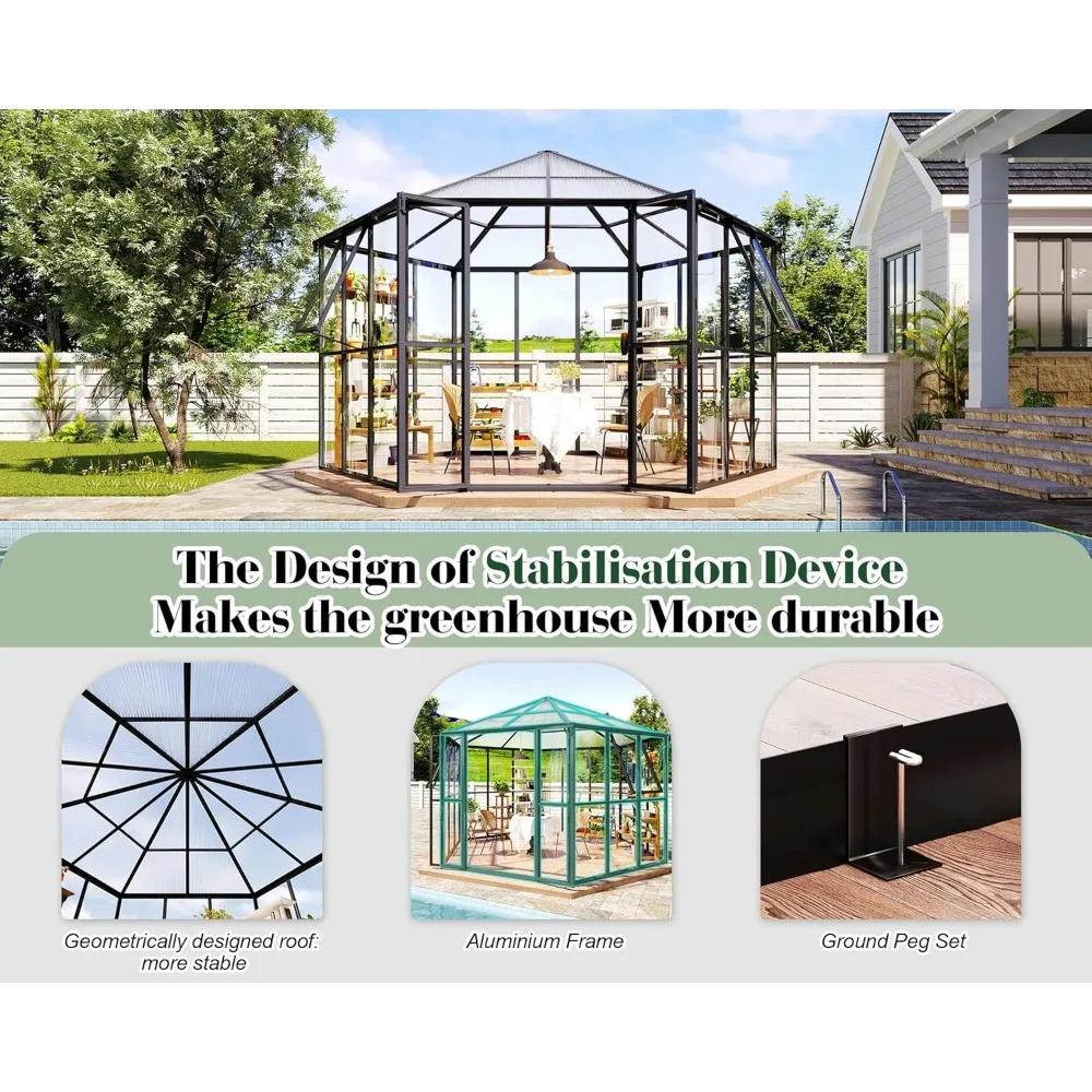 Теплица 12x10x8 футов с быстроразъемными фитингами, 2 вентиляционными отверстиями, 2 распашными дверями, шестиугольная алюминиевая теплица для наружного применения