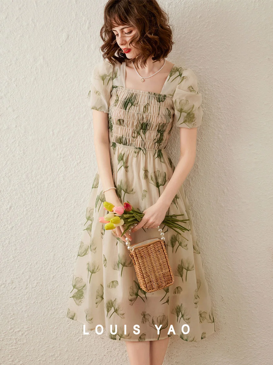 

LOUIS YAO 2025 Summer Romantic Ink Painting Printed Long Skirt with Black Fungus Edge Square Neck Dress for Women