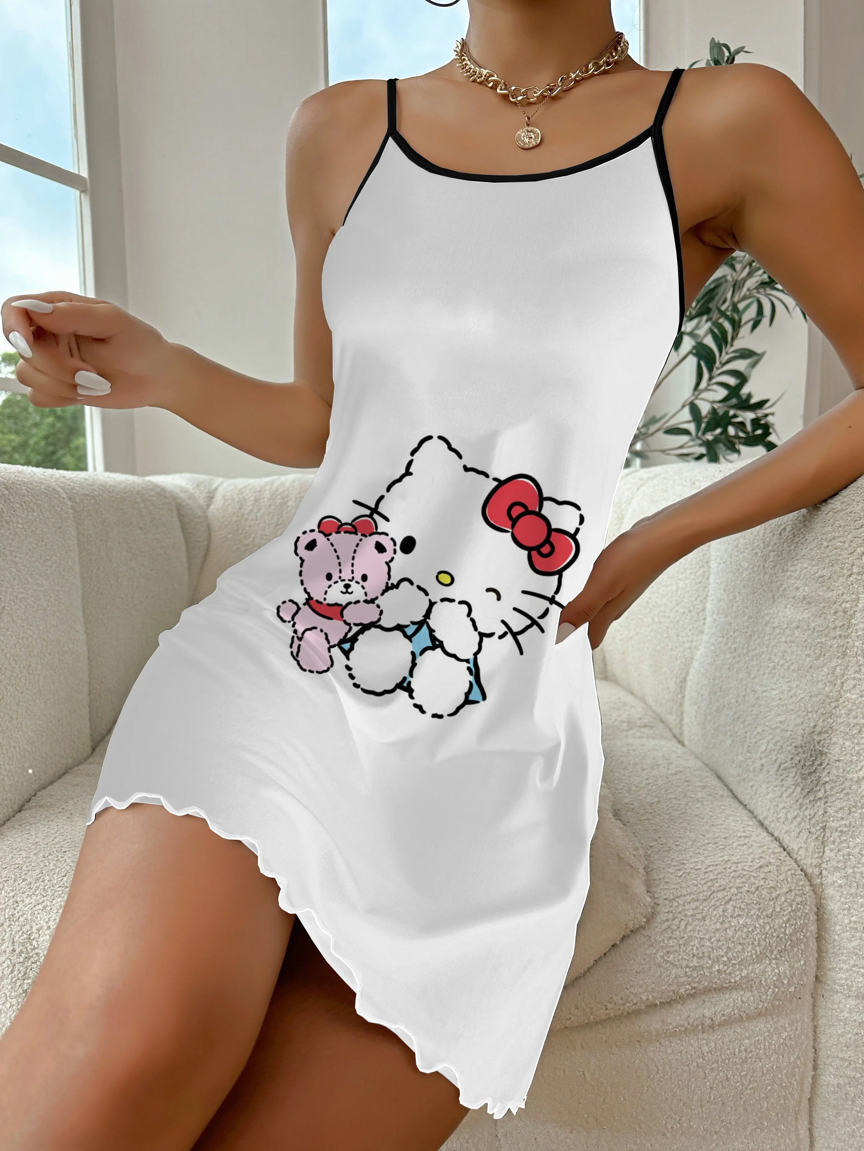 Home Dress Crew Neck Elegant Dresses for Women Satin Surface Pajama Skirt Hello Kitty Lettuce Trim Fashion Summer 2024 Chic Mini