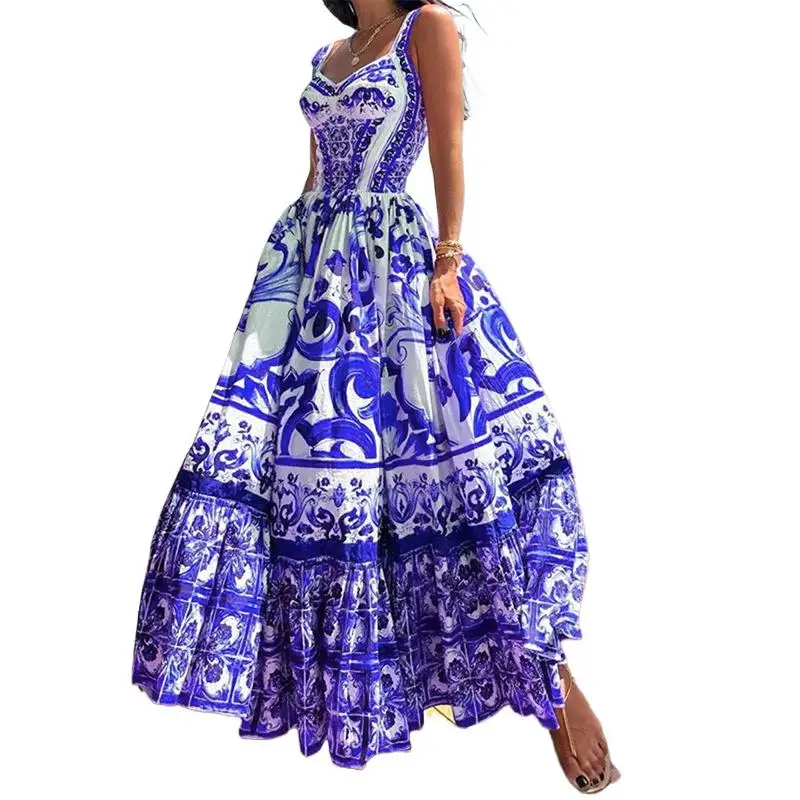 Summer Women\'s Bohemian Sling Long Dress 2025 Spring New Holiday Beach Female Elegant Big Swing Print Sleeveless A-line Dresses