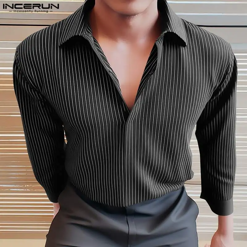 

2024 Men Casual Shirt Striped Patchwork Lapel Long Sleeve Loose Men Clothing Streetwear Fashion Leisure Shirts S-5XL INCERUN