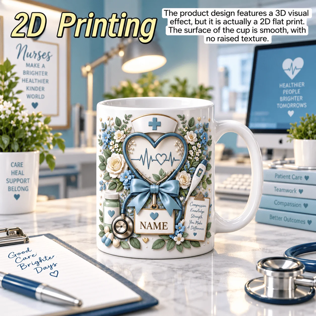 Personalized Nurse Mug 11oz Custom Name Blue Floral Ceramic Coffee Cup 2D Print Stethoscope Heart Nurse Hat Novelty Gift for Fem