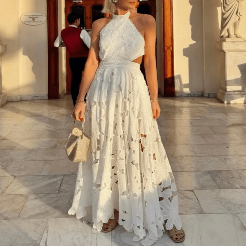 

Bohemian High Waisted Backless Beach Dress White Hollow Hook Flower Hem Holiday Dress New Summer Sleeveless Women's Casual Dress