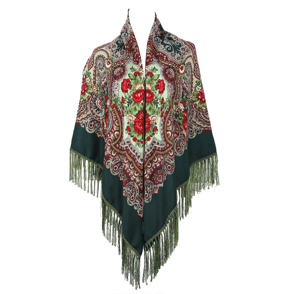 160*160cm Russian Style Square Scarf Retro Floral Printed Ukrainian Shawl Babushka Bandana Handkerchief Big Size Fringed Shawls