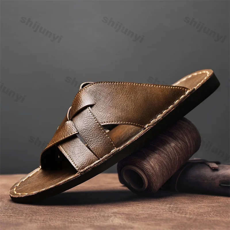 Summer Men's Plus Size Shoes 2025 Outdoor Breathable Open Toe One Word Slippers Comfortable Lightweight Flat Casual Slippers