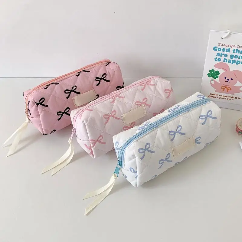 Cute Bow Storage Bag Student Stationery Pen Rubber Ruler Storage Bag Large Capacity Makeup Toiletry Bag For School Office Travel