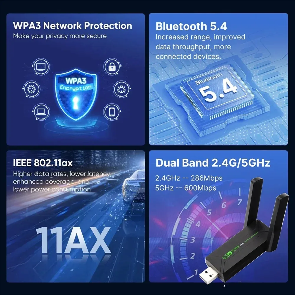 AX900 WiFi 6 USB محول بلوتوث 5.4 2.4G 5G هوائيات WiFi6 USB شبكة استقبال دونغل سائق مجاني