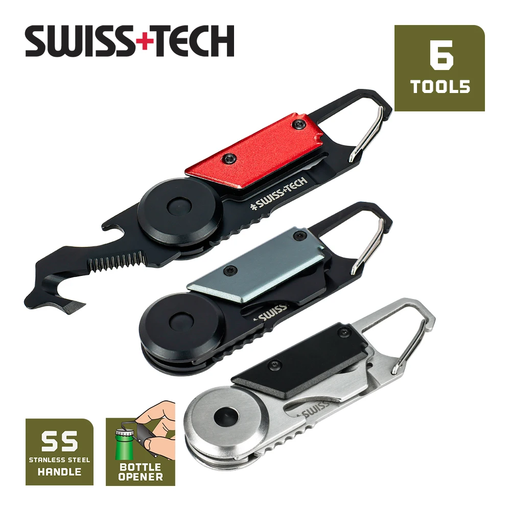 SWISS TECH 6 IN 1 Mini Multitool Carabiner Pocket EDC Hand tools with Cutter Portable Cool Camping Gear Outdoor Hiking Gadgets