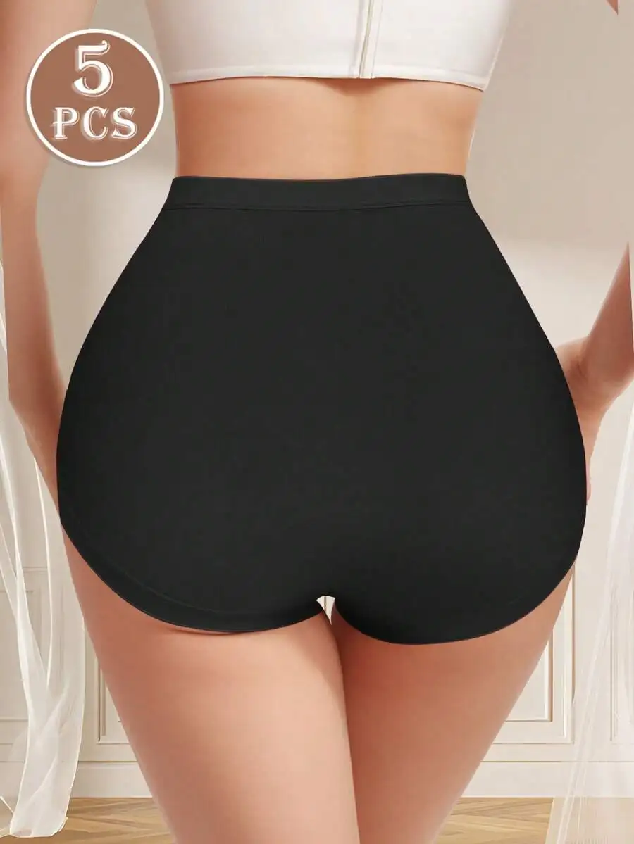 

5 Pcs High Waist Womens Solid Briefs, Breathable Comfortable Underwear