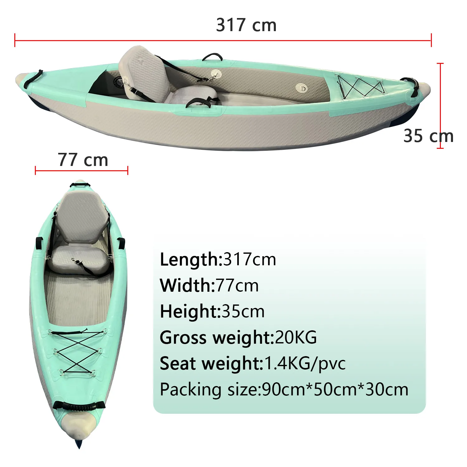 Hochwertiges aufblasbares Kajak aus PVC-Rumpfmaterial mit 12 Fuß, geeignet zum Seefischen für 1 Person, mit 13 Zubehörteilen