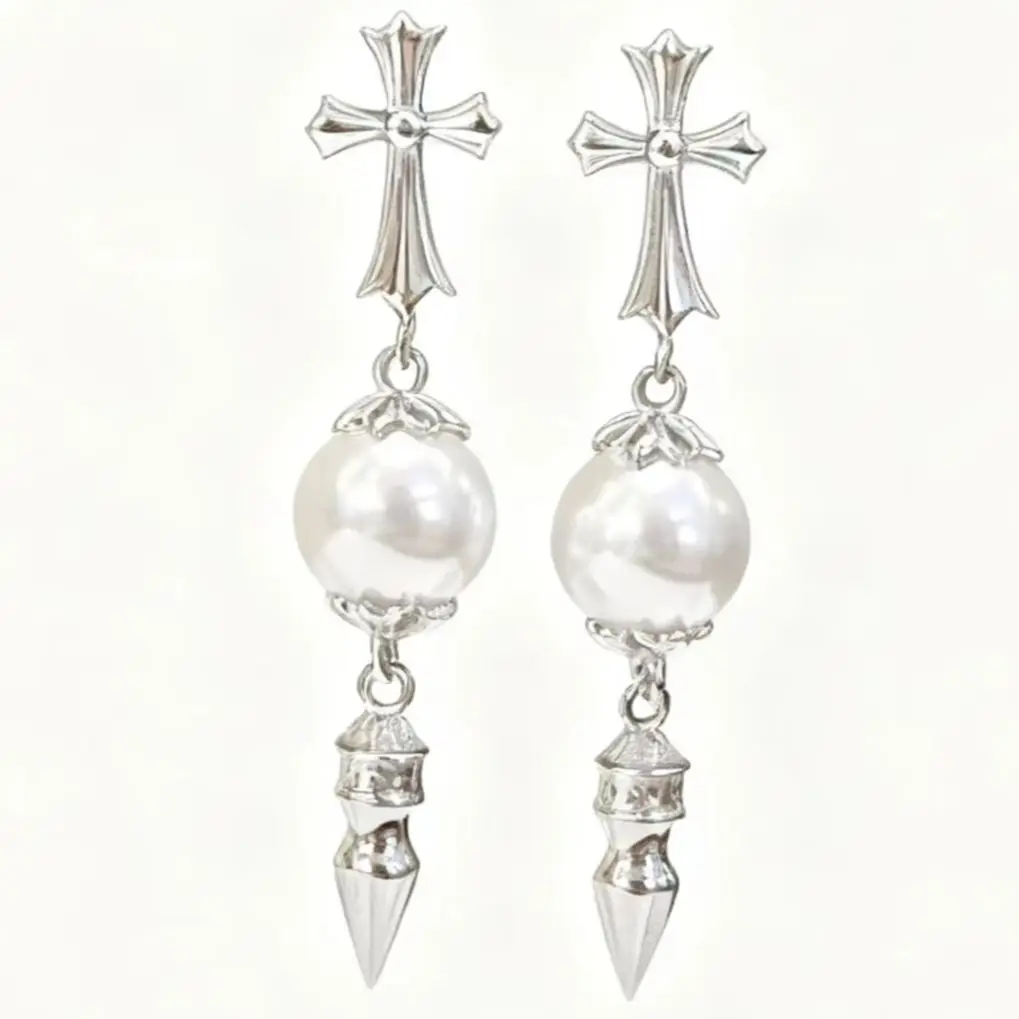 

Thick Rhodium Plated 925 Sterling Silver Exquisite Earrings,shell pearl with imitation diamand Cross