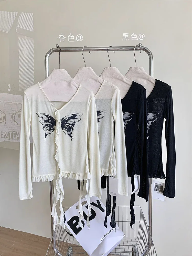 American Style High Street Gyaru Long Sleeve T-Shirts Women V-Neck Bufferfly Print Design Ruffle Tops Autumn 2024 Sexy Slim Tees