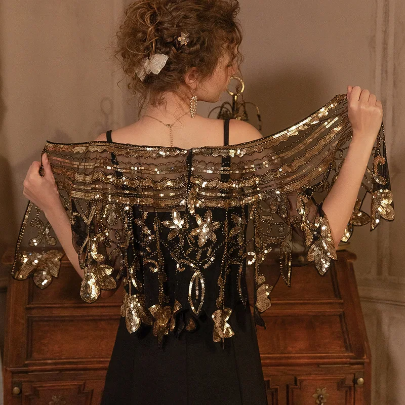 Mini robe courte à paillettes, camisole, boule superposée, maille, châle des années 1920, 2009