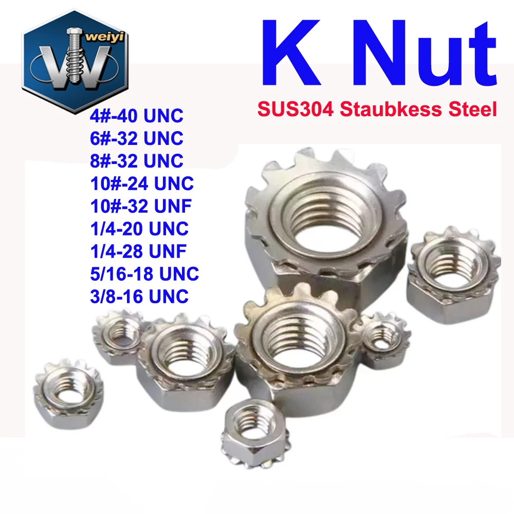 

Weiyi 4# 6# 8# 10# 1/4'' 5/16'' 3/8'' UNC UNF A2 Stainless Steel Hexagon Locknuts Toothed Serrated Washer Gasket K Type Nuts