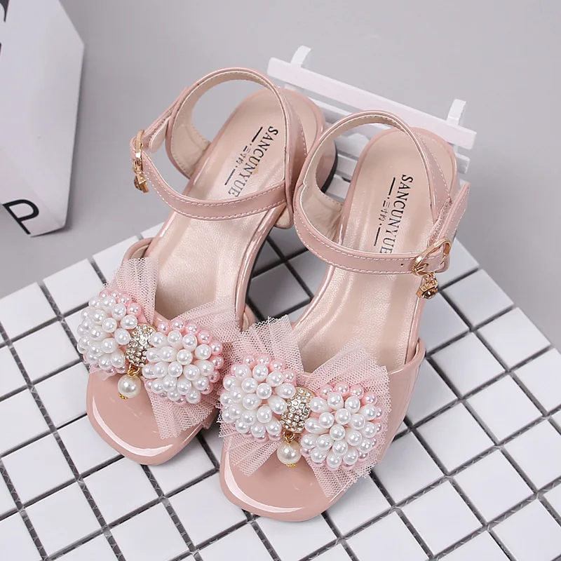 2024 Teens Children\'s Shoes Girls\'Sandals Summer Bright Leather White Pearl Thick Heel Crystal Princess Shoes New 6 8 12 Years