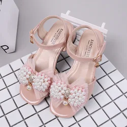 2024 Teens Children's Shoes Girls'Sandals Summer Bright Leather White Pearl Thick Heel Crystal Princess Shoes New 6 8 12 Years