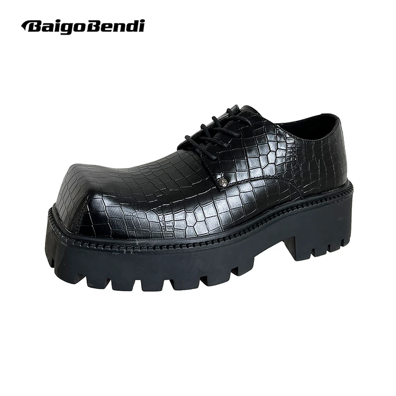 Square-toed Men\'s Crocodile Pattern Big Head Flatforms Thick Bottom Increased Casual Derby Shoes Male Heightened Oxfords