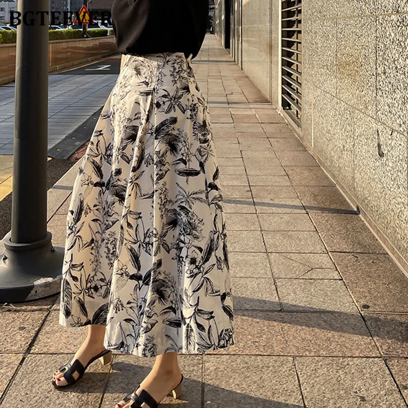 

BGTEEVER Elegant High Waist Ladies Printed Skirts Spring Summer Fashion Loose Women A-line Skirts