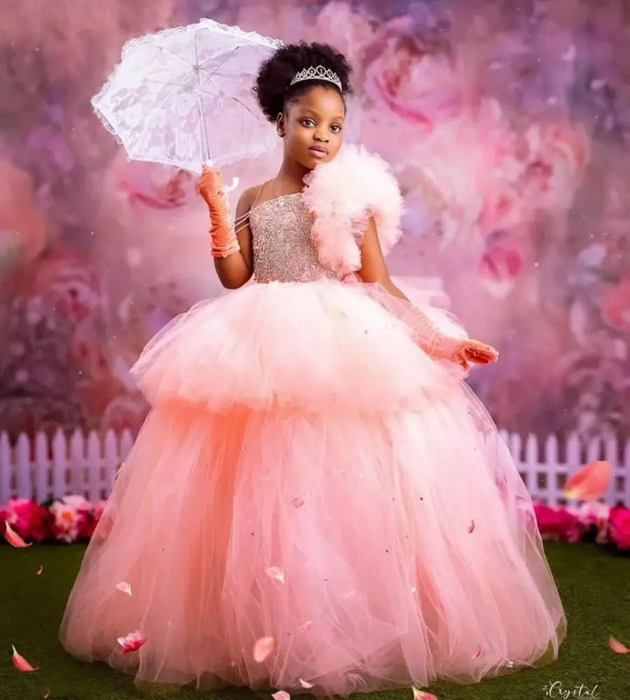 Blush Pink Girls Birthday Party Dresses Princess Beaded Extra Puffy Flower Girl Dresses Baby Kids Ball Gowns for Photo Shoot