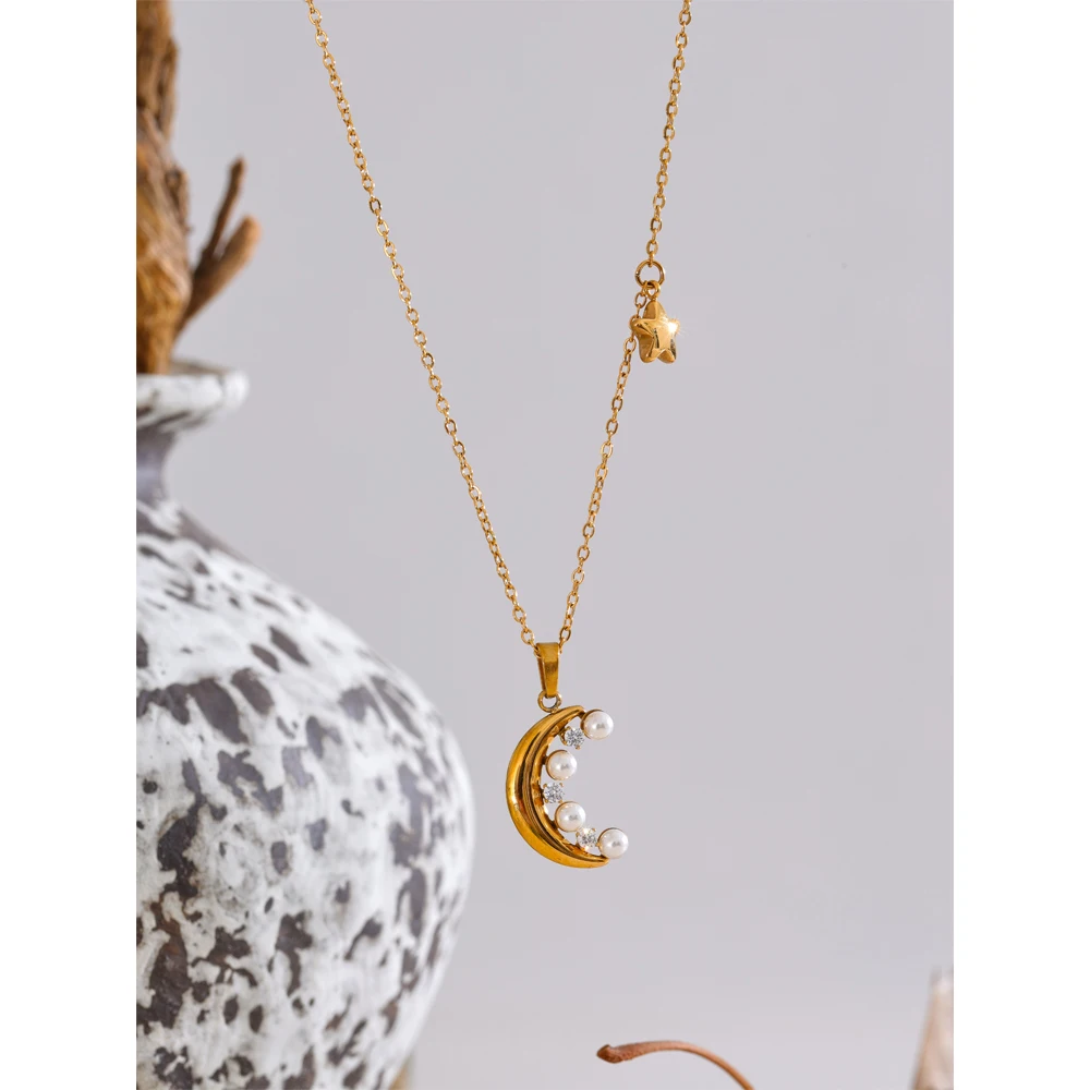 Yhpup Exquisite Zircon Pearl Moon Star Drop Necklace 2025 Popular Stainless Steel Chic Collar Jewelry for Women