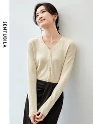 SENTUBILA Women Texture Knitted Cardigan   2024 Autumn Straight Pearls Button V Necl Long Sleeve Comt  Top 143H56832