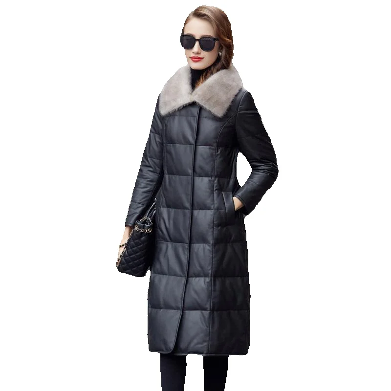 

New Genuine Leather Down Season Long Women's Genuine Leather Sheepskin Mink Square Collar Fashionable Jacket