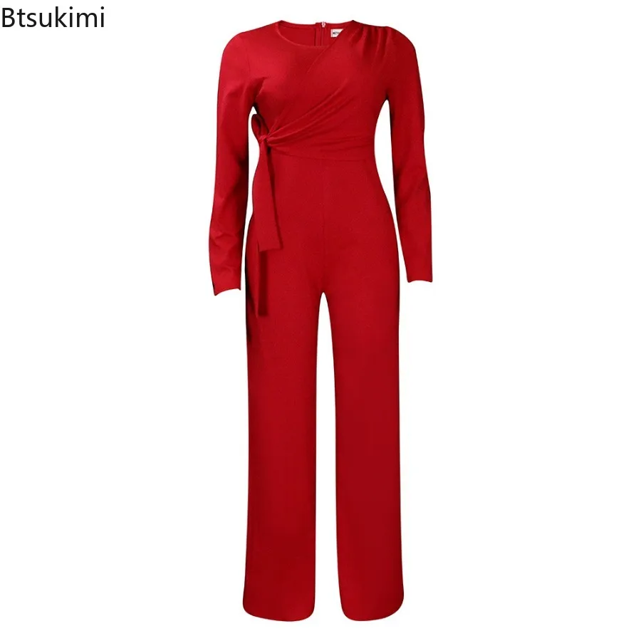 2024 Women's Elegant Jumpsuit Long Sleeve High Waist Slim Ladies Overalls Solid Big Size One Piece Rompers Wide Leg Jumpsuits