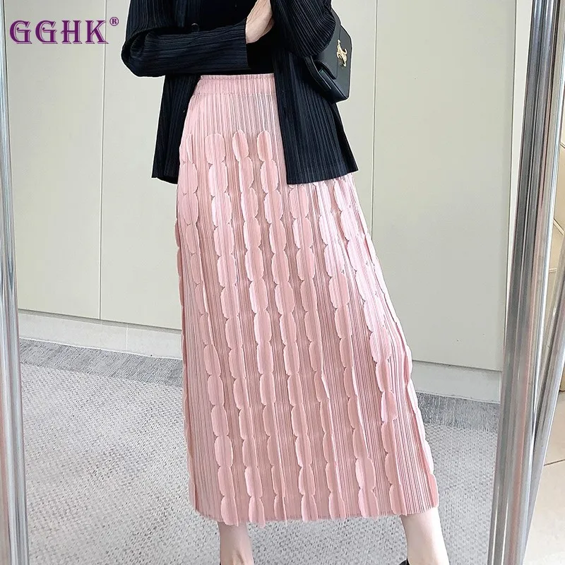 

GGHK Women Elegant Pleated Skirt with 3D Scallop Texture Design High Waisted A-line Skirt Casual Office Party Daily Wear Skirt