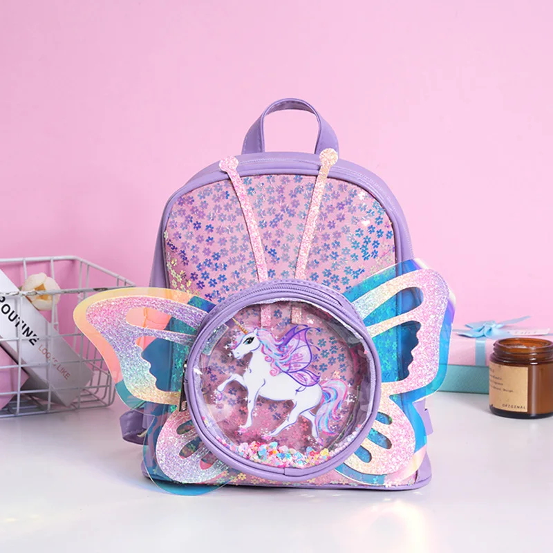 New Fashion Trend Kids Schoolbag Cartoon Unicorn Sequins Laser Transparent Butterfly Wings Shoulder Bag Large Capacity Backpacks